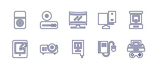Device line icon set. Editable stroke. Vector illustration. Containing ipod, dvd player, tablet, projector, game console, arcade, curved screen, nitrate tester, responsive, ebook.