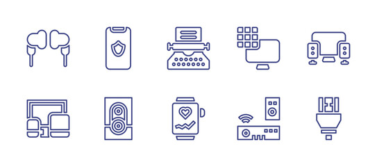 Device line icon set. Editable stroke. Vector illustration. Containing monitor, typewriter, smartwatch, security, music speaker, smart tv, tv box, hdmi cable, earphone.