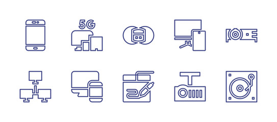 Device line icon set. Editable stroke. Vector illustration. Containing mobile phone, device, module, responsive, pain management device, electronic devices, projector, vinyl record.