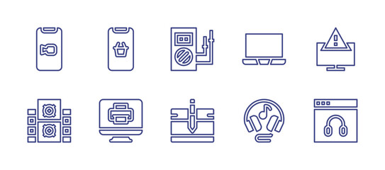 Device line icon set. Editable stroke. Vector illustration. Containing video, shop, woofer, computer, warning, headphones, electric current, graphic tablet, laptop, headphone.