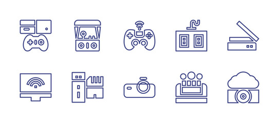 Device line icon set. Editable stroke. Vector illustration. Containing game console, wifi, bubble, fog, gamepad, projector, arcade, pen drive, power strip, scanner.