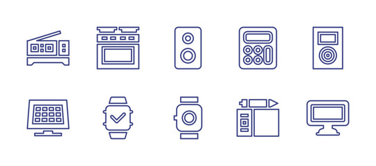 Device line icon set. Editable stroke. Vector illustration. Containing speaker, smartwatch, oven, calculator, music player, drawing tablet, computer, digital clock, solar panel.