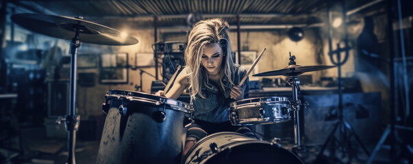 Fototapeta premium Rock drums. enthusiastic playing. Hand edited generative AI.