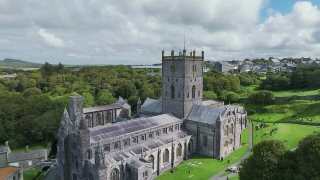 St Davids Cathedral from a drone, St Davids, Haverfordwest, Pembrokeshire, Wales, England