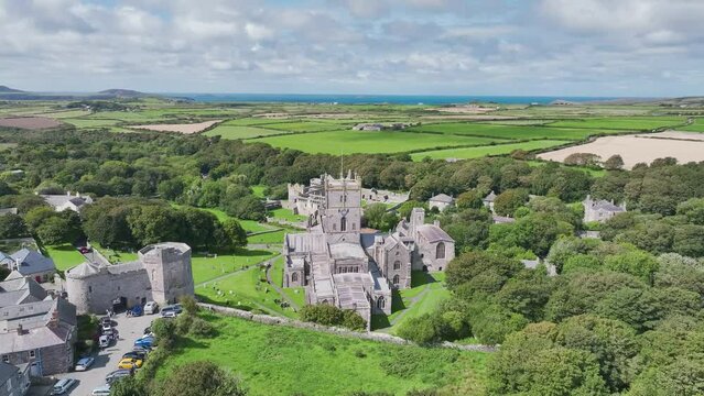 St Davids Cathedral from a drone, St Davids, Haverfordwest, Pembrokeshire, Wales, England