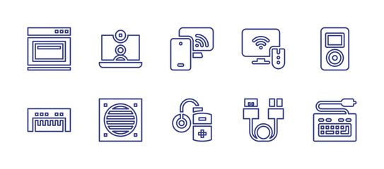 Device line icon set. Editable stroke. Vector illustration. Containing smart tv, insulin, television, hdmi, ipod, keyboard, oven, videocall, extractor. - obrazy, fototapety, plakaty