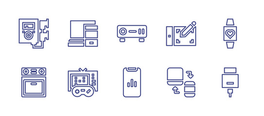 Device line icon set. Editable stroke. Vector illustration. Containing projector, analytics, responsive, game console, graphic tablet, smartwatch, hdmi, music player, oven.