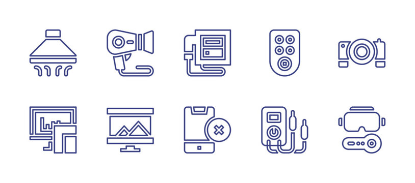 Device line icon set. Editable stroke. Vector illustration. Containing ultrasound, smartphone, remote control, multimeter, projector, virtual reality glasses, connectivity, image, extractor hood.