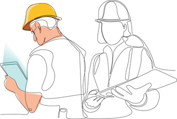 Vector landing page of architecture works with protective face masks for safety in machine industrial factory. Continuous one line drawing for your minimal design