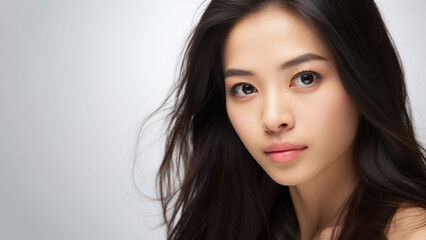 Obraz premium Portrait of a smiling young woman with good health glowing skin and positivity standing and looking at the camera on white background.