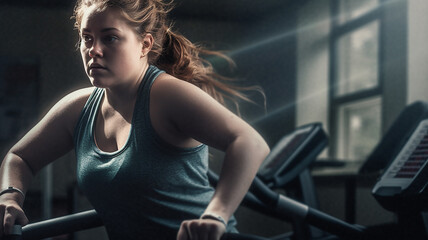Fototapeta na wymiar 肥満の女性・スポーツジムで運動するオーバーウェイトの白人女性 