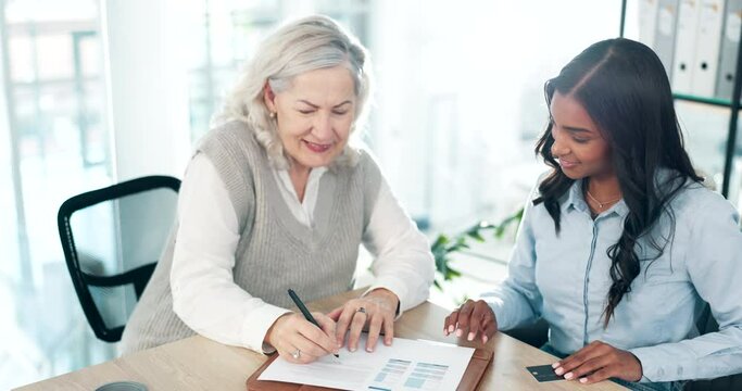 Business woman, financial advisor and signature for credit card loan, debt support, banking and investment. Professional accountant or senior client for paper sign up, registration and debit funding