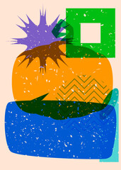 Pumpkin with speech bubble and colorful geometric shapes in trendy riso graph design. Geometry elements abstract risograph print texture style.