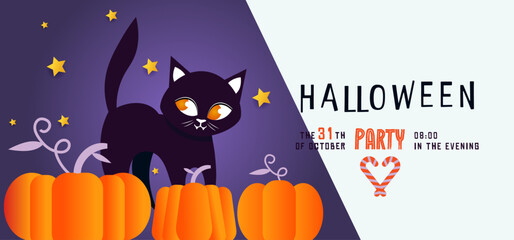 Halloween event and party poster with cute pumpkins, stars and cat in night time. Halloween web Sale design, poster, party invitation or greeting card