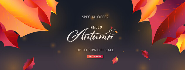 Autumn Sale background, banner, poster or flyer design. Vector illustration with bright beautiful leaves and Autumn night. yellow stars in the background. Advertising, web, social and fashion template