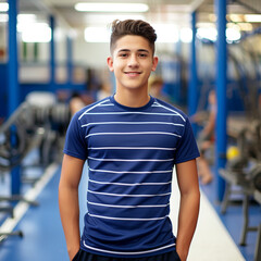 Fototapeta premium Primer plano de un estudiante latino de secundaria en el gimnasio de su escuela usando una playera deportiva azul con rayas blancas