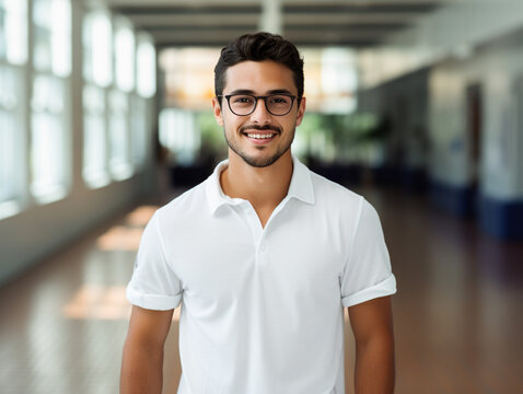 Joven latino con barba corta y gafas con camisa blanca posando en un pasillo de un edificio bien iluminado