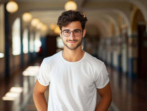 Joven latino con barba corta y gafas con camisa blanca posando en un pasillo de un edificio bien iluminado