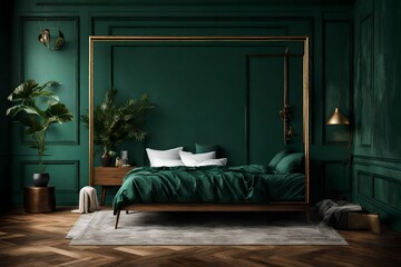 luxury living room, Mockup frame in dark green bedroom interior background