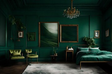 luxury living room, Mockup frame in dark green bedroom interior background