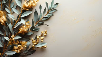 Foto op Plexiglas Copy space banner of simple gold cutlery and eucalyptus branches on white dish over light grey background © Jula Isaeva 