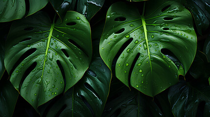 Dark Green monstera wet rainy leaf background