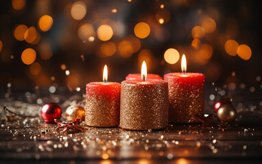 red candles, and confetti on wooden tabletop with golden bokeh background
