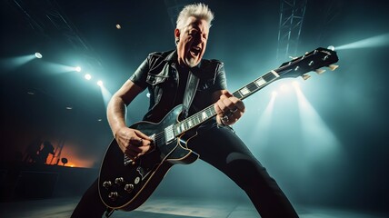 Obraz premium Older rock guitarist killing it on stage, perhaps during a rehearsal.
