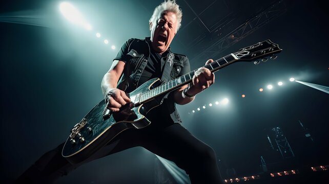 Older rock guitarist killing it on stage, perhaps during a rehearsal.