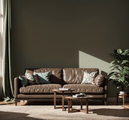 modern, minimalist living room with leather sofa, wooden accents, and houseplants in green and brown tones