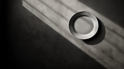 Simplicity Redefined: A Minimalist Black and White Setting with a Sole Plate Against a Grey Backdrop