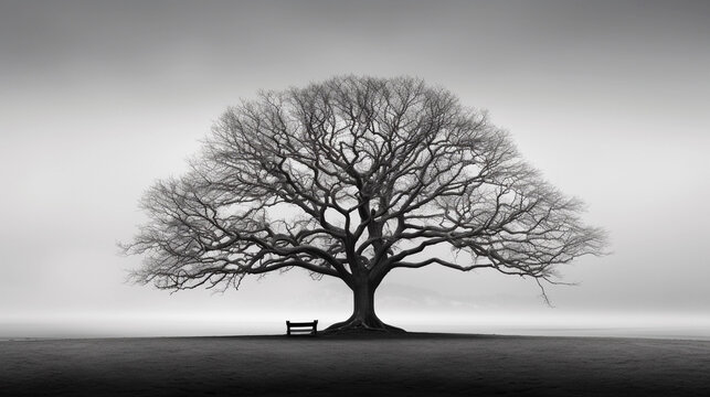 Solitude in Nature: A Bare Tree Against the Sky in a Poignant Black and White Scene