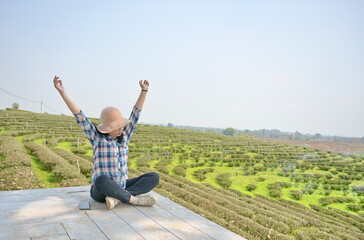 The tea farmer sits back and raises both hands above his head for a lazy twist. Workers take a break during the day and twist their muscles to relax their muscles before continuing their work in farm
