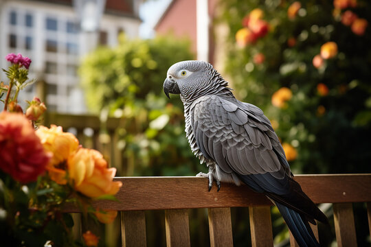 Generative AI Image of Gray Parrot Perched on a Wooden Bench in Flowering Garden