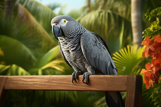 Generative AI Image of Gray Parrot Perched on a Wooden Bench with Tropical Plants Background