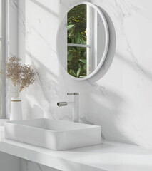 Vanity counter with white countertop, modern rectangle washbasin, flower bouquet in vase in marble wall bathroom. Luxury beauty, cosmetic, skincare, body care, fashion product background 3D