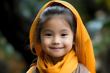 smiling child 4 years old in a Buddhist temple in orange clothes, bokeh, portrait