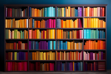 big bookshelf with colorful books, dream library,  colorful banner poster of big large bookcase with many book in house interior. Bookshelves in the library or large bookcase with lots of books