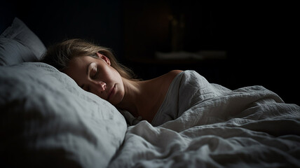 寝る・眠る・睡眠をとる白人女性（寝室・ベッドルーム）
