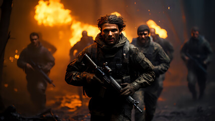 Fototapeta na wymiar fictional soldiers boldly walk across the battlefield