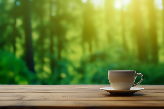 a cup of tea on a wooden table against the background of a blurry forest in summer with copy space