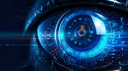 blue realistic cybernetic eye, future technology tracking