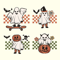 Set of retro Halloween ghost illustrations. Retro Halloween shirt design.