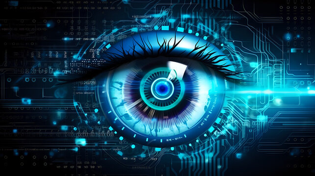 blue realistic cybernetic eye, future technology tracking