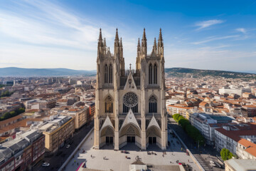 Fototapeta na wymiar Sacred Serenity: Majestic Cathedral Soaring Above Vibrant Cityscape, a Historical Landmark Embracing Urban Life with Gothic Splendor