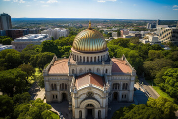 Fototapeta premium Majestic Synagogue: Aerial Serenity amidst Vibrant Cityscape, Lush Greenery & Historic Architecture - Embodying Jewish Faith & Cultural Beauty