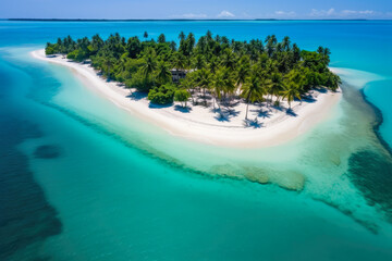 Paradise Found: Breathtaking Aerial View of Remote Tropical Island, Crystal Clear Waters, and Pristine Sandy Beaches