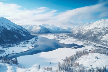 Fototapeta na wymiar Winter's Majestic Serenity: A Breathtaking Aerial View of Snow-Covered Mountains, Frozen Lakes, and Pristine Wilderness