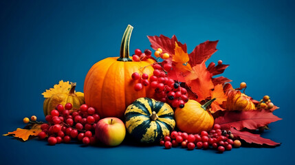 Naklejka na ściany i meble Pumpkins, apples, and berries autumn harvest and leaves on navy blue background, Thanksgiving and Halloween autumn background.