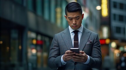 ビジネス街・都会でスマホ・スマートフォン・アプリを見るビジネスマン
